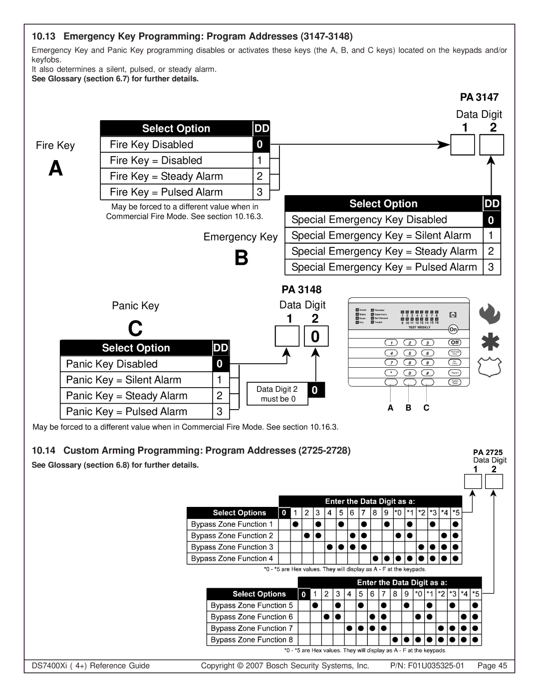 Bosch Appliances DS7447E, DS7445I Emergency Key Programming Program Addresses, Custom Arming Programming Program Addresses 