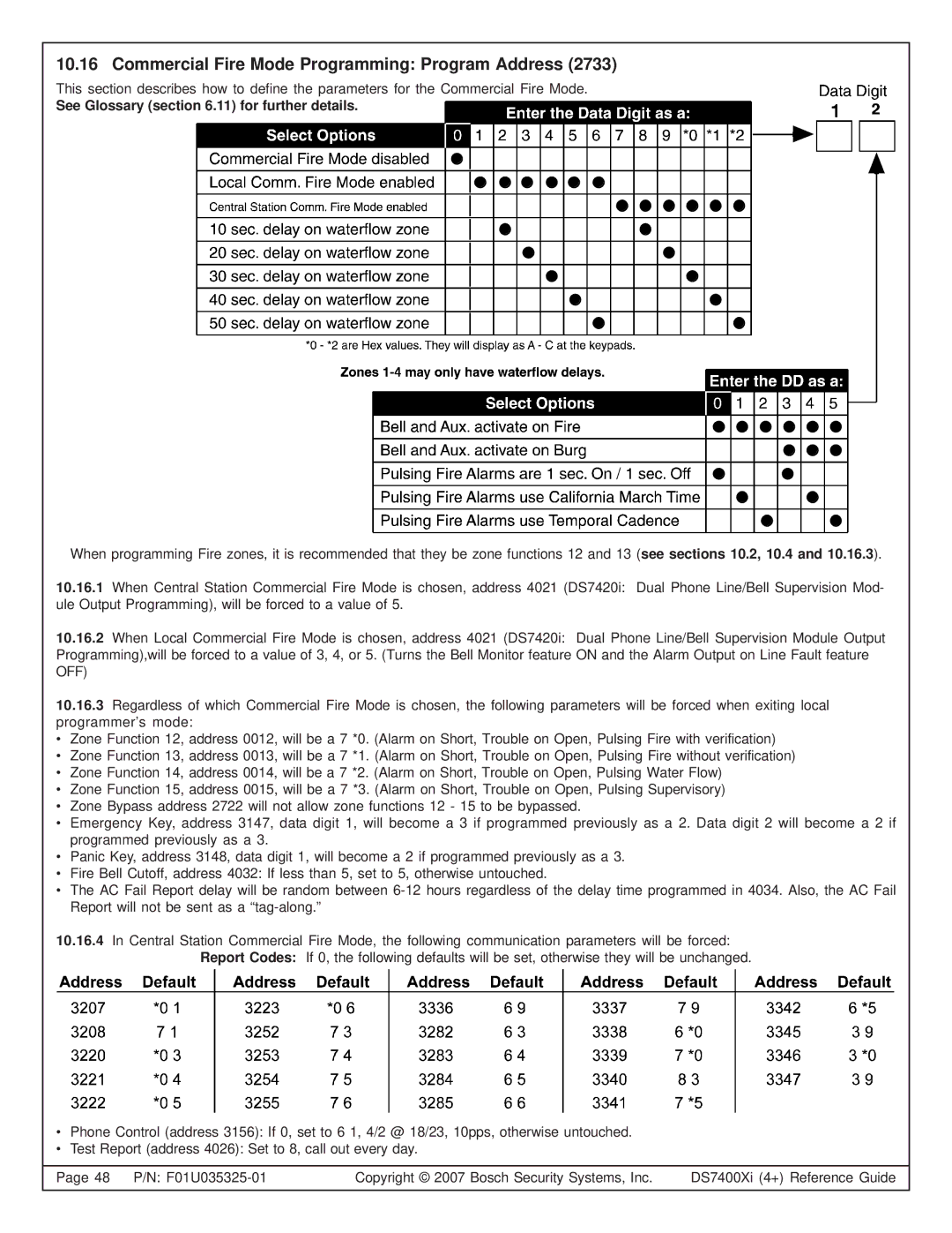 Bosch Appliances DS7445I, DS7447E Commercial Fire Mode Programming Program Address, See Glossary .11 for further details 