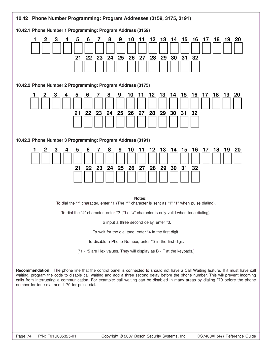 Bosch Appliances DS7400XI, DS7445I, DS7447E manual Phone Number Programming Program Addresses 3159, 3175 