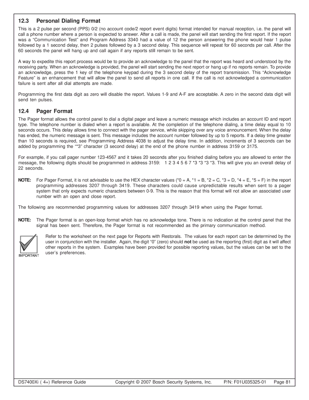 Bosch Appliances DS7447E, DS7445I, DS7400XI manual Personal Dialing Format, Pager Format 