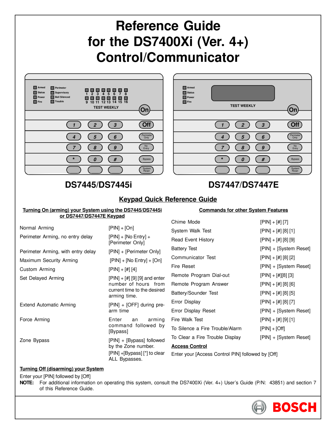 Bosch Appliances DS7447E, DS7445I manual Reference Guide for the DS7400Xi Ver. 4+, Control/Communicator, DS7445/DS7445i 