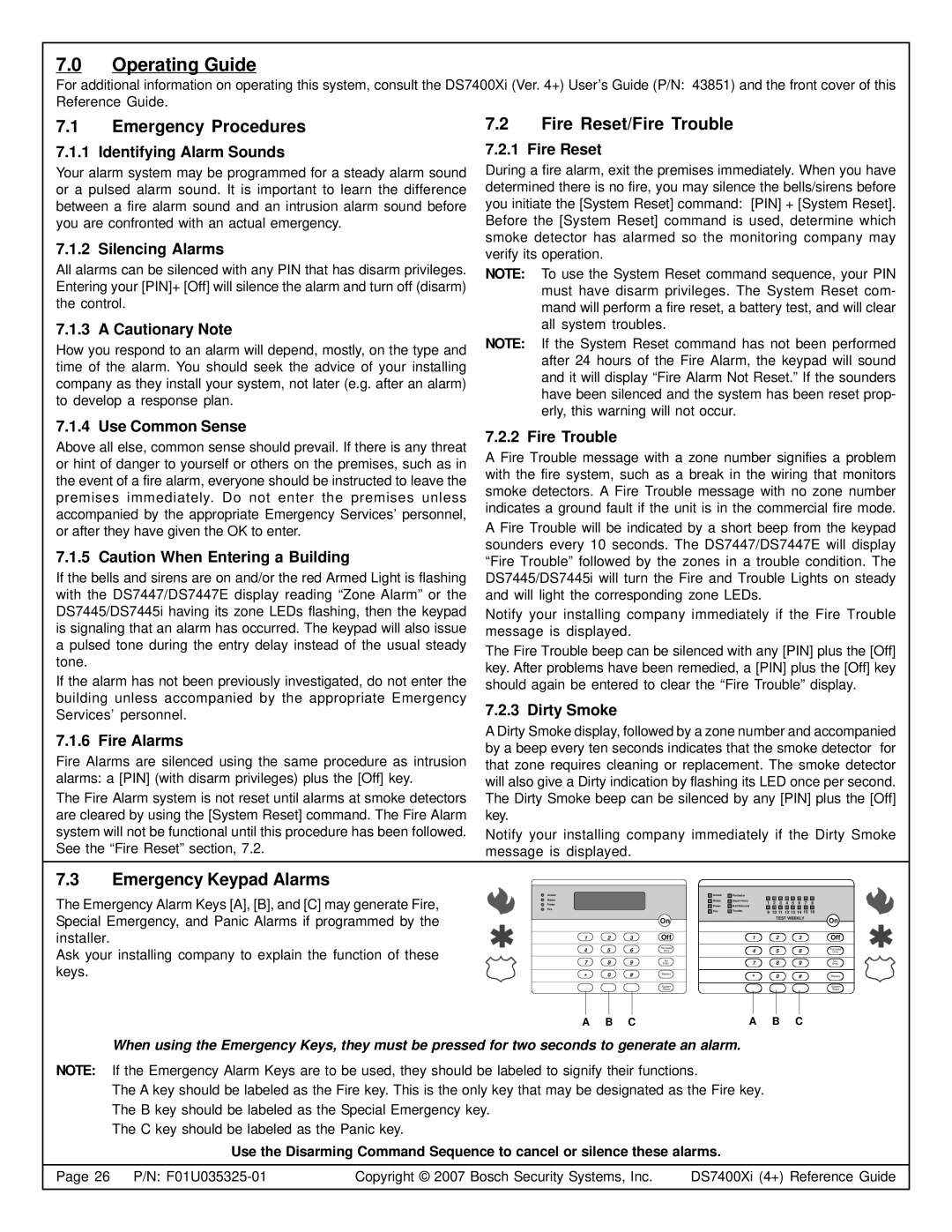 Bosch Appliances DS7400XI Identifying Alarm Sounds, Silencing Alarms, A Cautionary Note, Fire Reset, Use Common Sense 