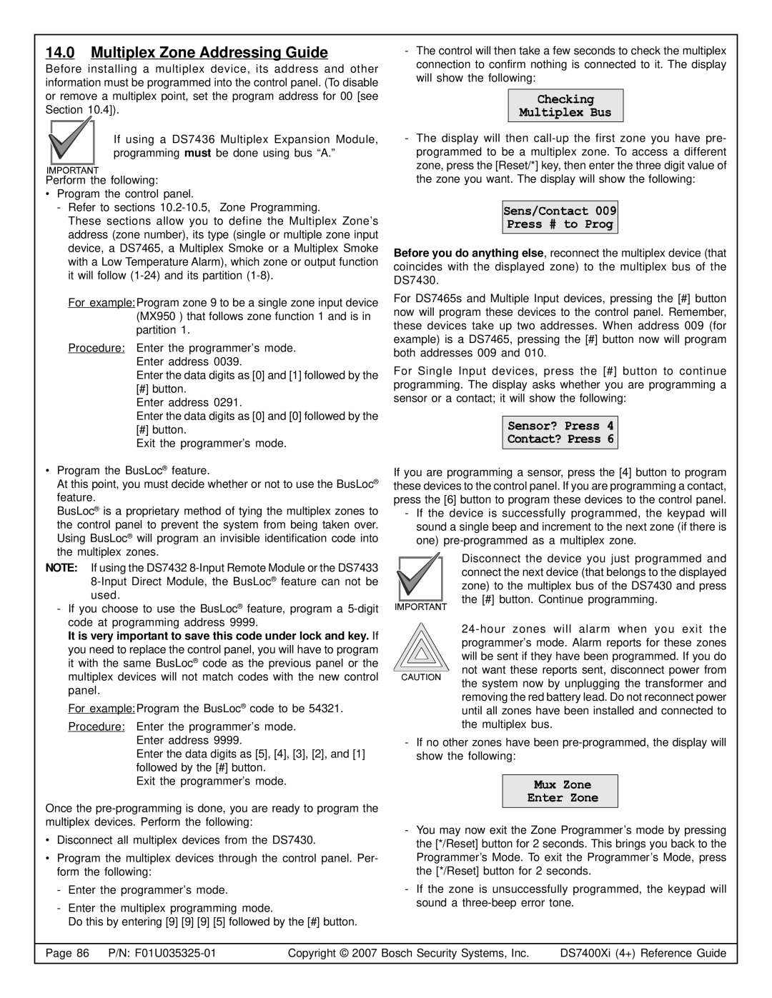 Bosch Appliances DS7400XI, DS7445I, DS7447E manual 14.0Multiplex Zone Addressing Guide 