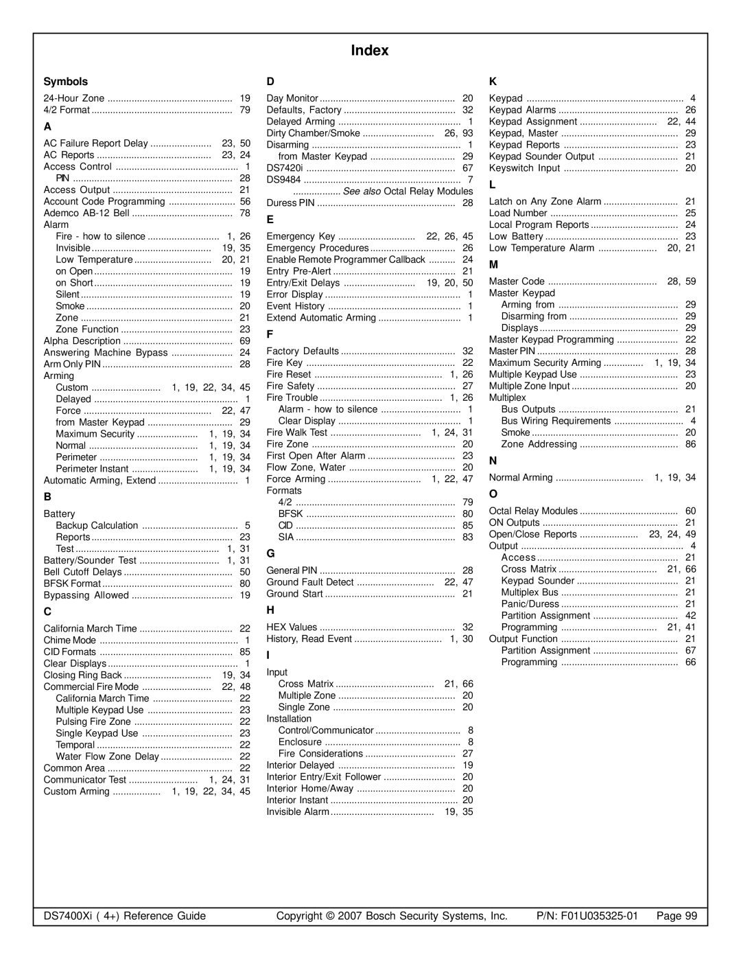 Bosch Appliances DS7445I, DS7447E, DS7400XI manual Index, Symbols 