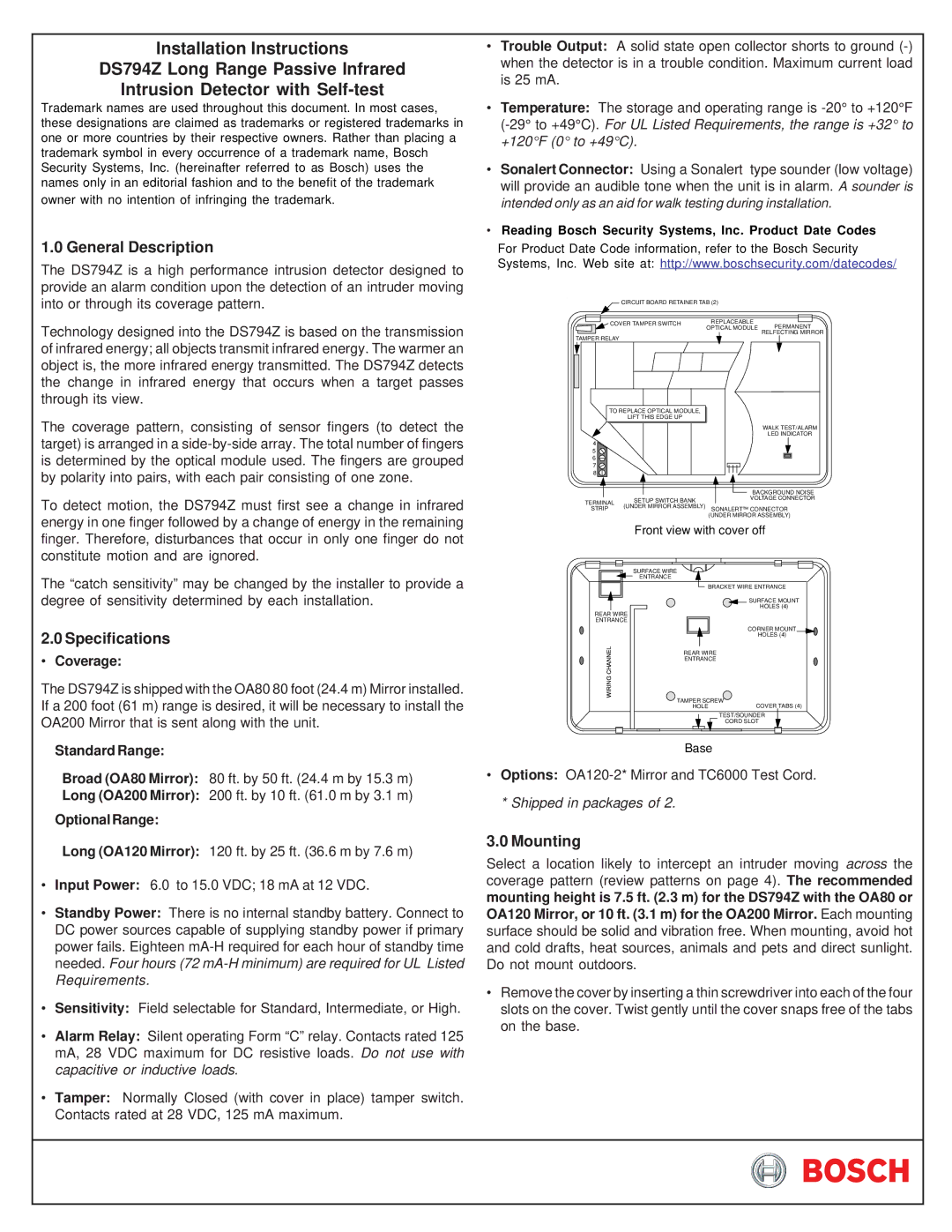 Bosch Appliances DS794Z installation instructions General Description, Specifications, Mounting 