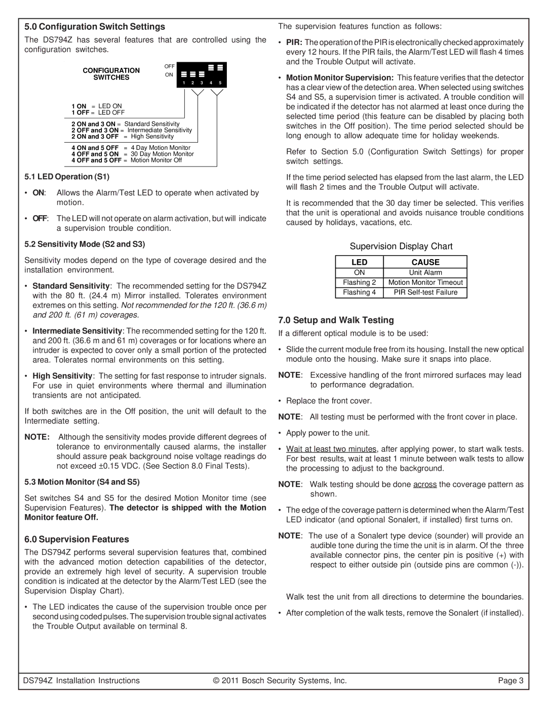 Bosch Appliances DS794Z Configuration Switch Settings, Supervision Features, Setup and Walk Testing 