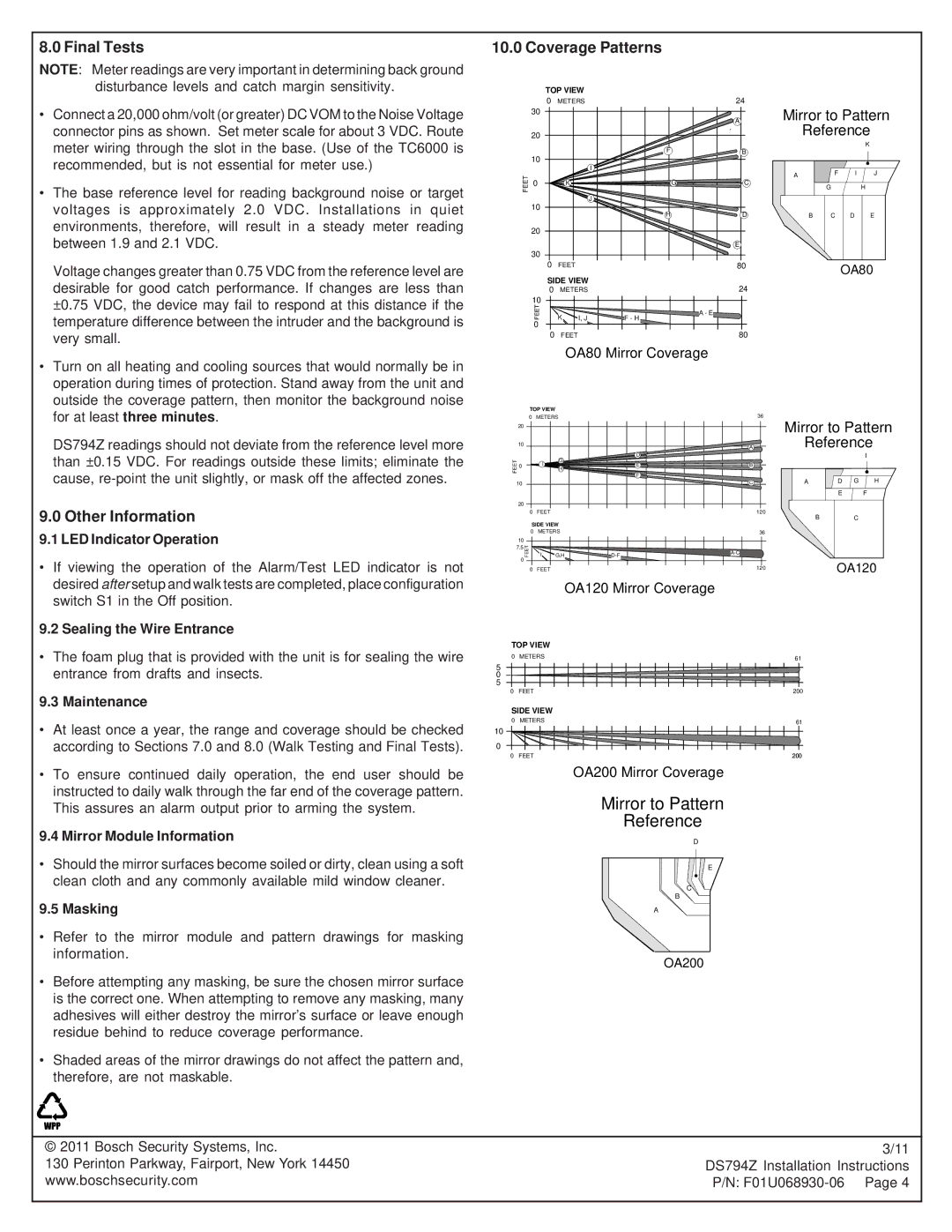 Bosch Appliances DS794Z installation instructions Final Tests Coverage Patterns, Other Information 