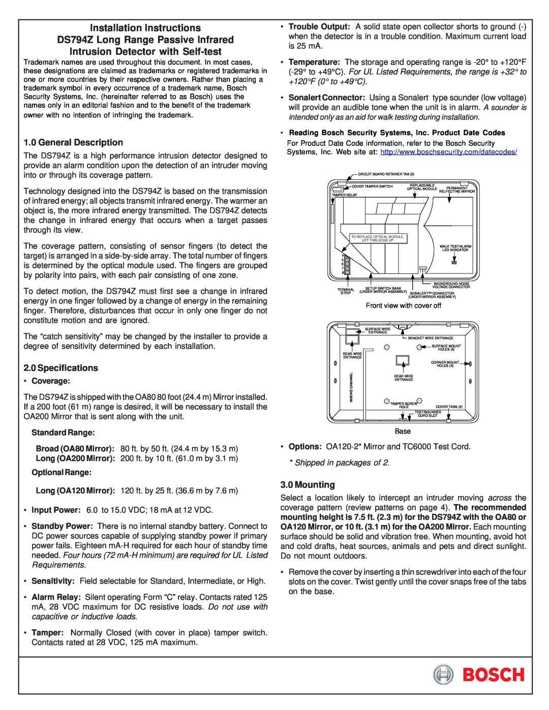 Bosch Appliances DS794Z installation instructions General Description, 2.0Specifications, Mounting, Coverage 