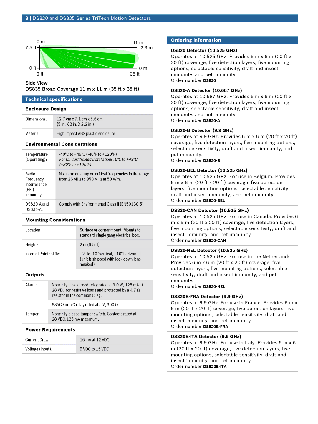 Bosch Appliances DS820 manual Technical specifications, Ordering information 