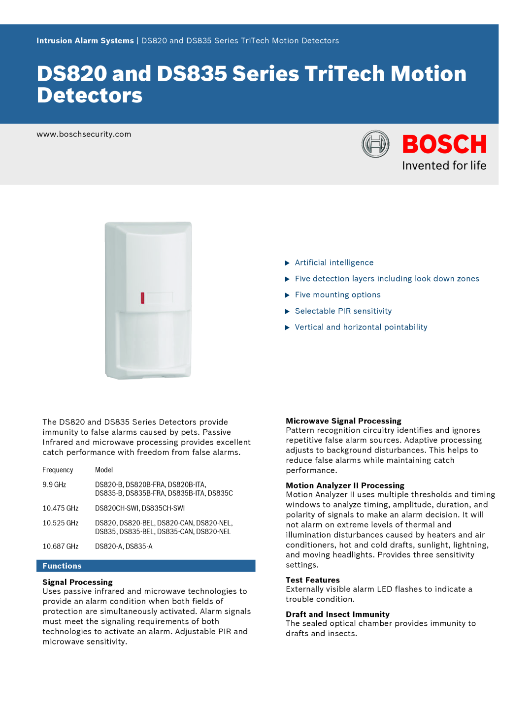 Bosch Appliances DS820 manual Functions, Microwave Signal Processing, Motion Analyzer II Processing, Test Features 
