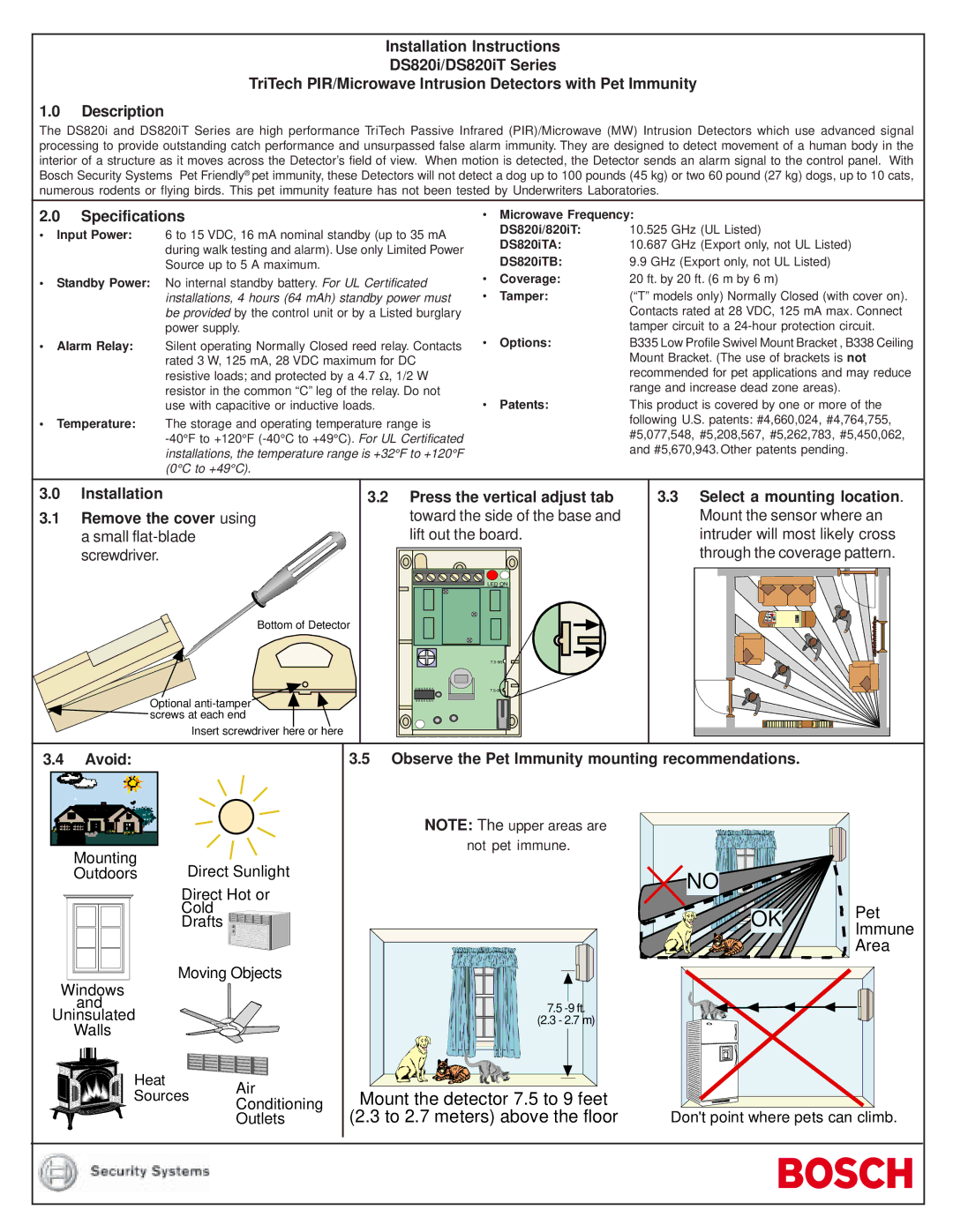 Bosch Appliances DS820IT installation instructions Specifications, Installation Remove the cover using, Options 