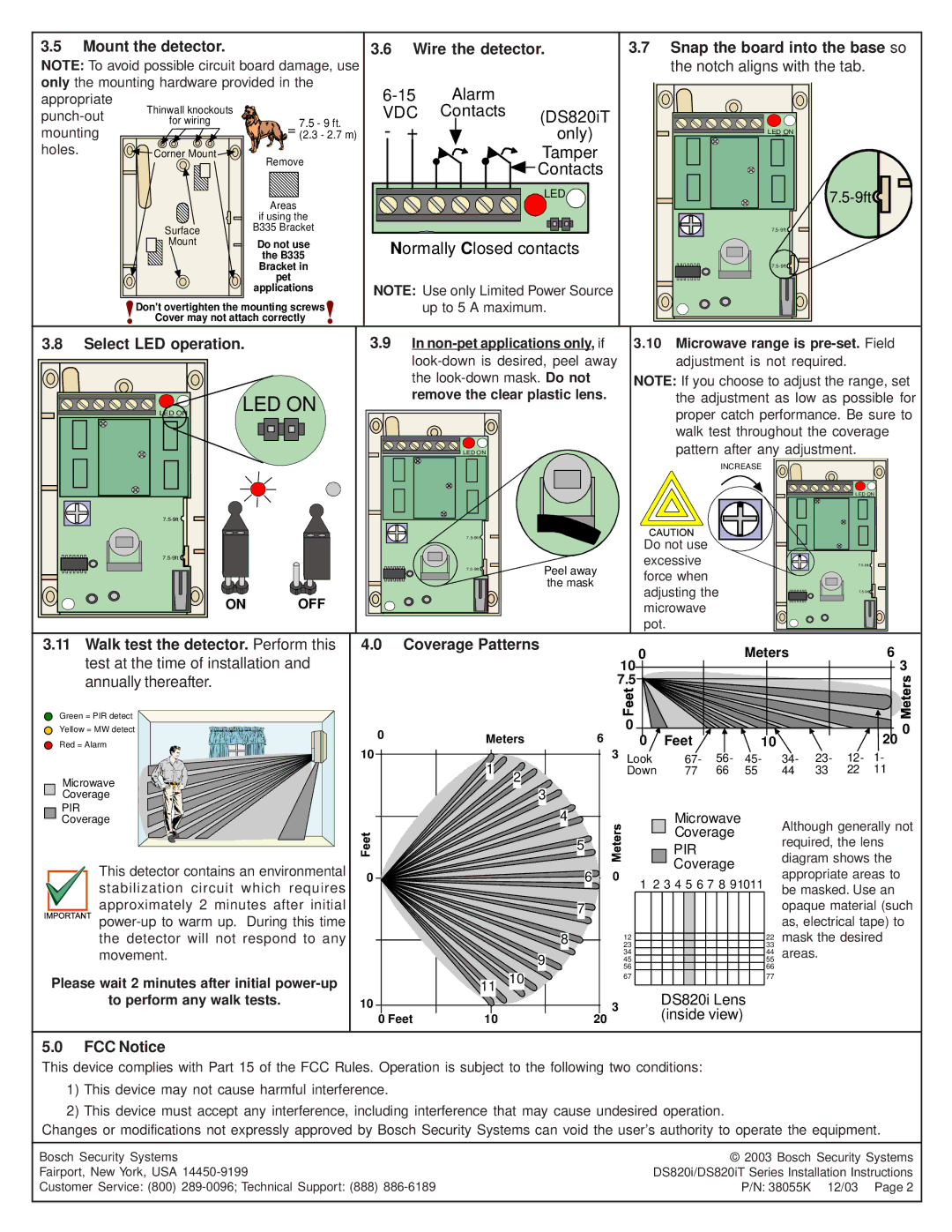 Bosch Appliances DS820IT installation instructions Select LED operation, Coverage Patterns, FCC Notice 