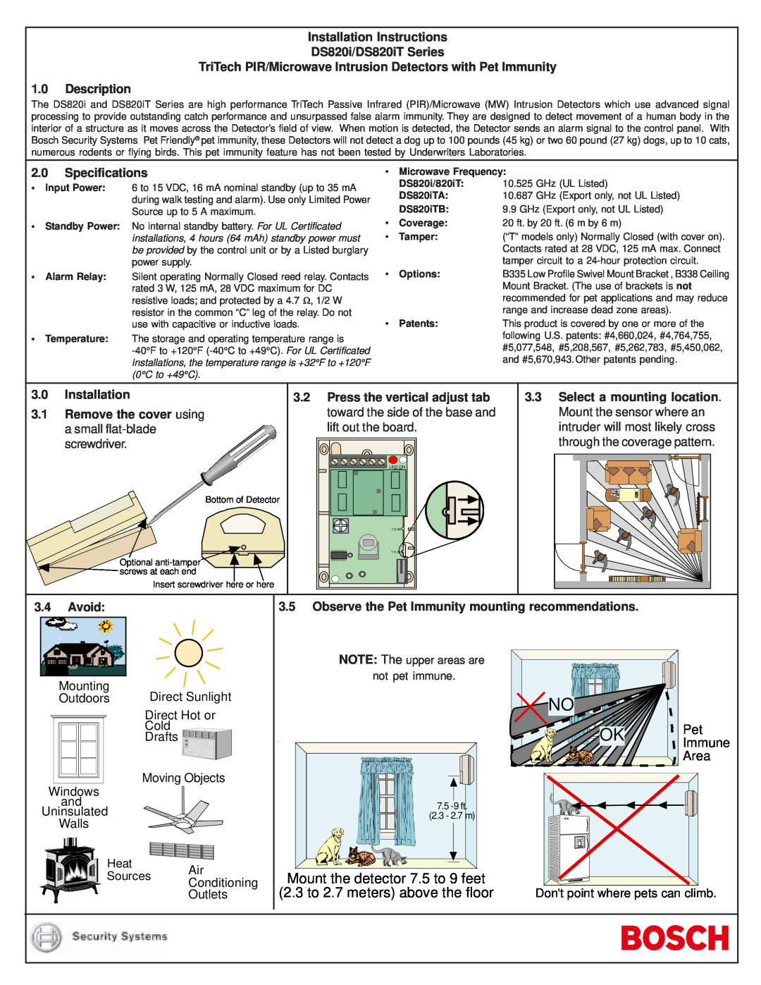 Bosch Appliances DS820IT installation instructions Immune, Area, Installation Instructions DS820i/DS820iT Series, Avoid 