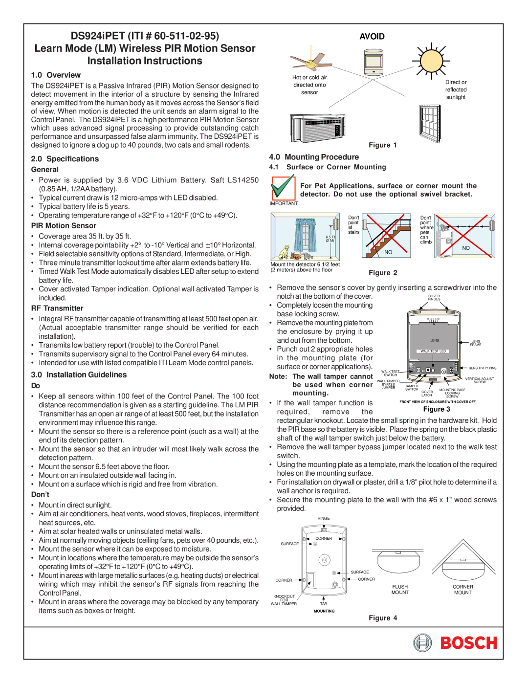 Bosch Appliances DS924IPET specifications Overview, Specifications General, Mounting Procedure, Installation Guidelines 