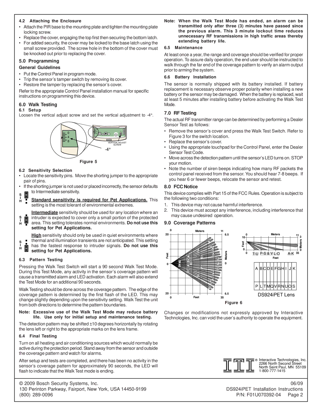 Bosch Appliances DS924IPET Programming General Guidelines, Walk Testing, RF Testing, FCC Notice, Coverage Patterns 