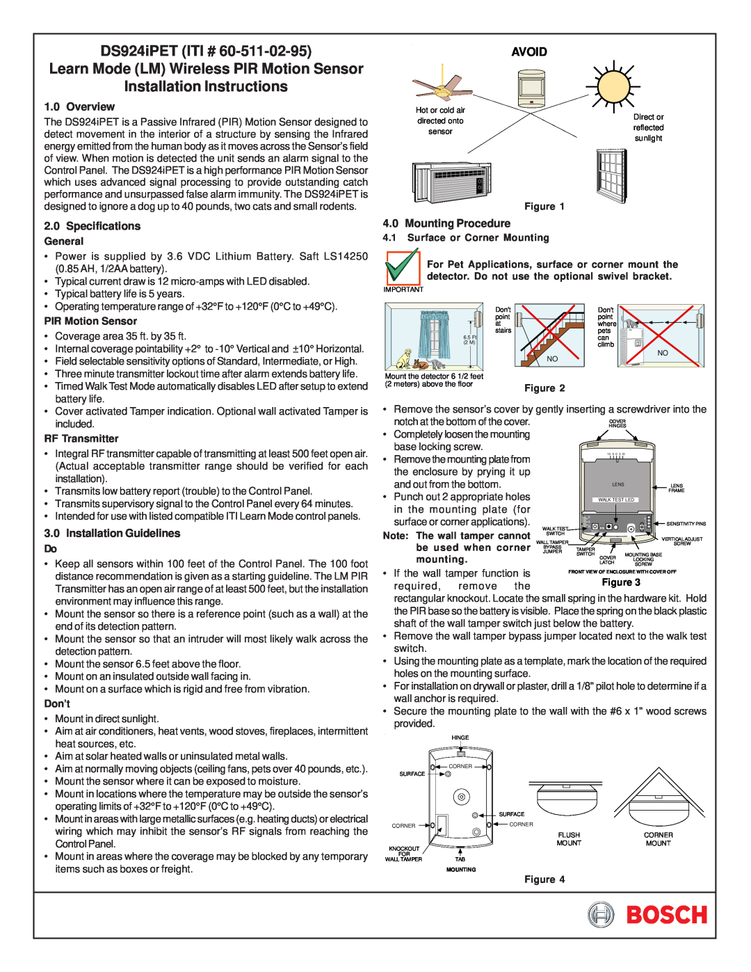 Bosch Appliances DS924IPET specifications Overview, 2.0Specifications General, 4.0Mounting Procedure, DS924iPET ITI # 