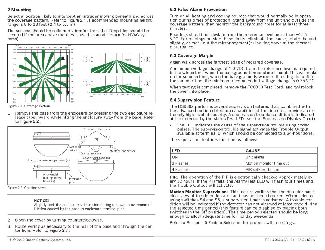 Bosch Appliances DS938Z manual Mounting, False Alarm Prevention, Coverage Margin, Supervision Feature 