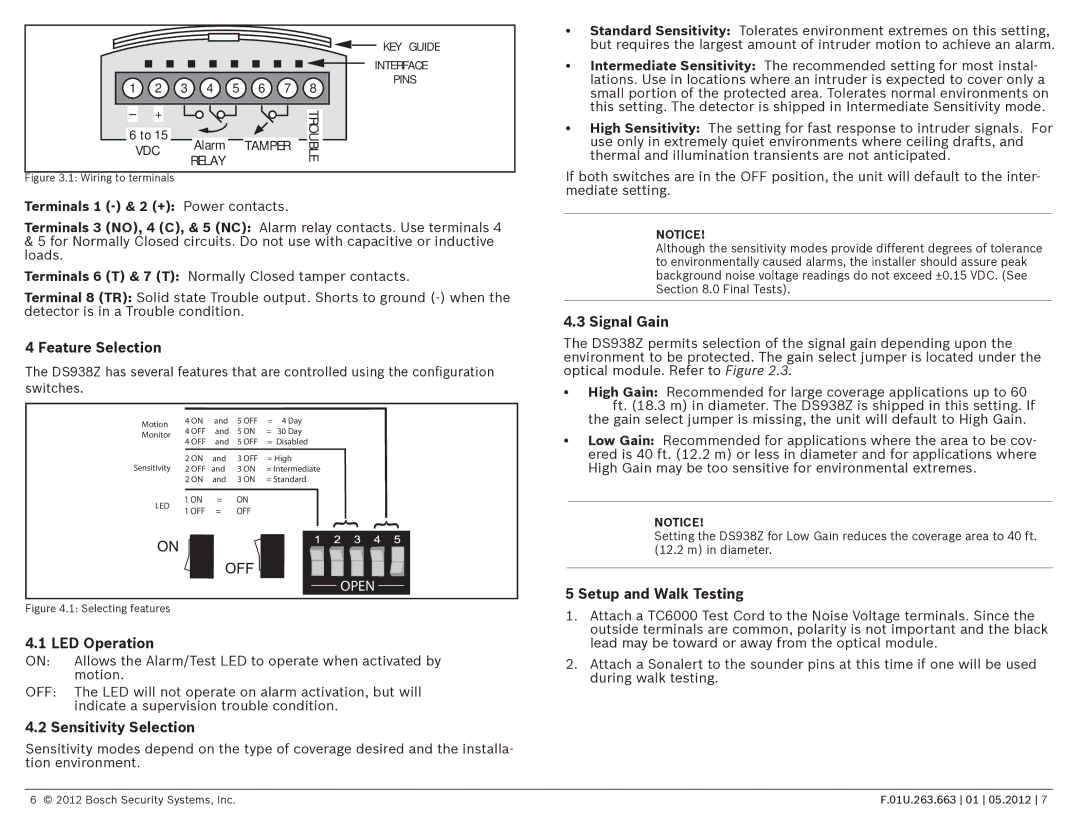 Bosch Appliances DS938Z manual Feature Selection, LED Operation, Sensitivity Selection, Signal Gain, Setup and Walk Testing 