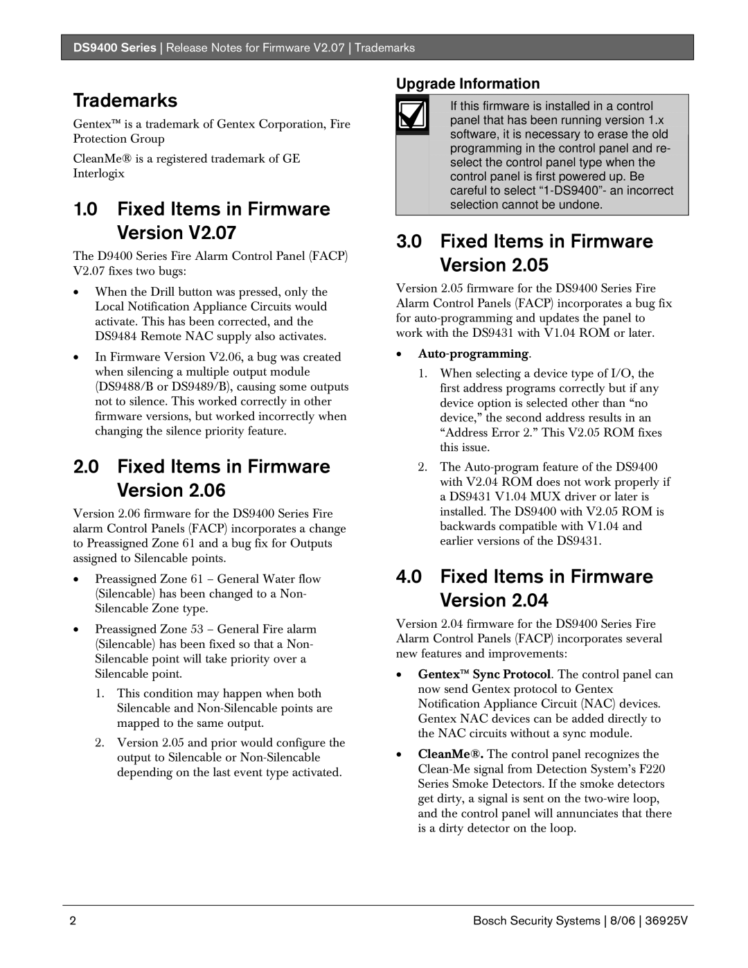 Bosch Appliances DS9400 manual Trademarks, Fixed Items in Firmware Version 