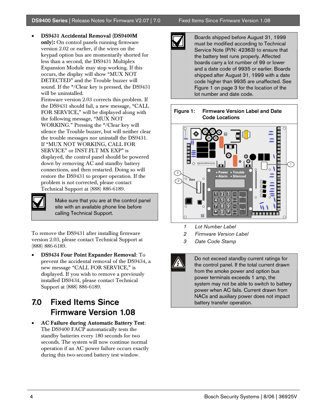 Bosch Appliances DS9400 manual Fixed Items Since, Firmware Version 