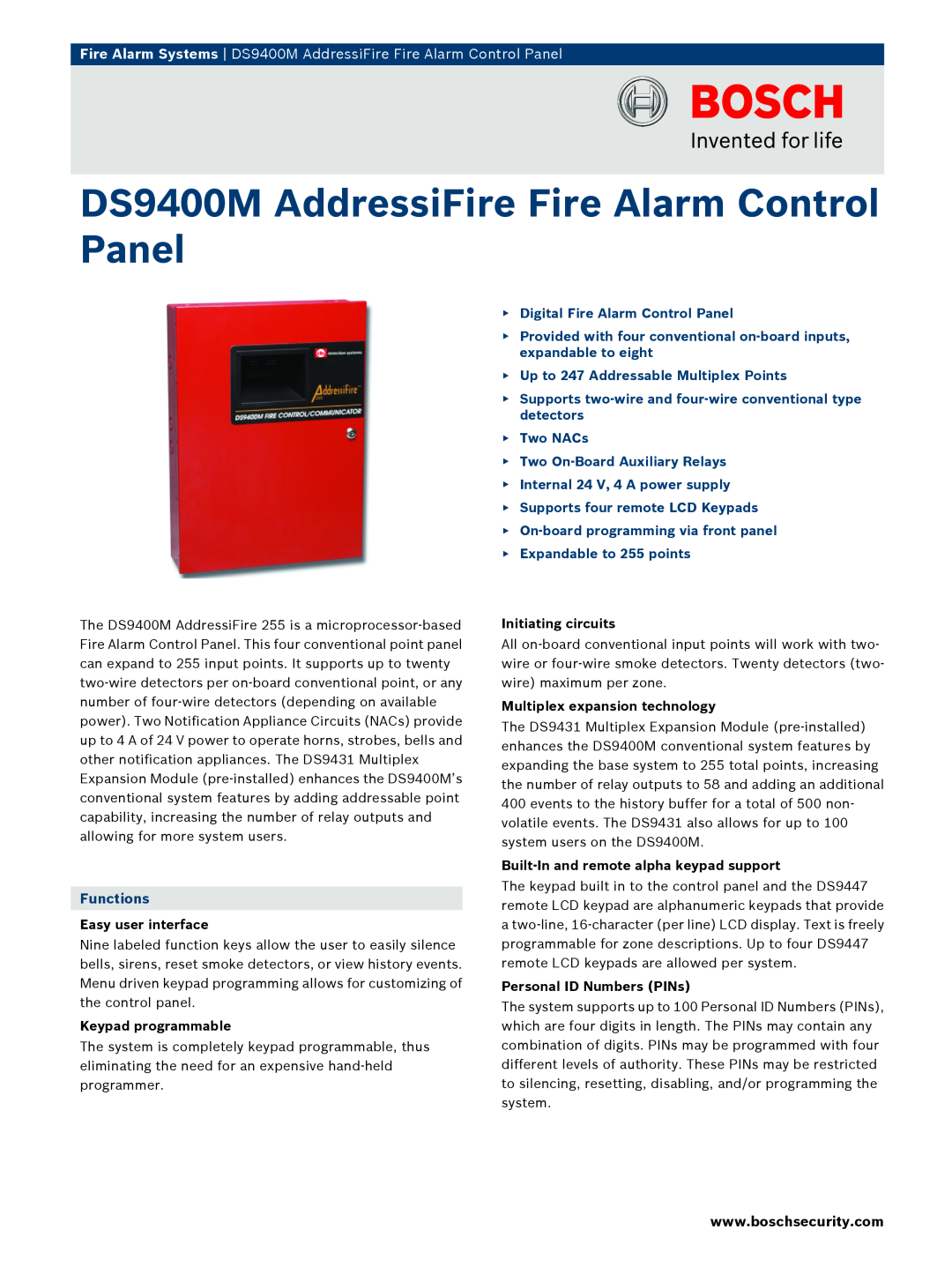 Bosch Appliances DS9400Ms manual Fire Alarm Systems DS9400M AddressiFire Fire Alarm Control Panel, Functions 