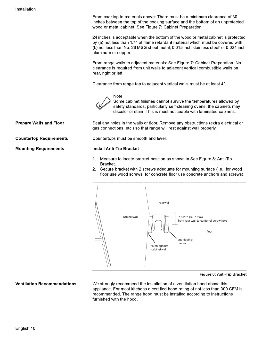 Bosch Appliances Dual-Fuel Slide-In Range Prepare Walls and Floor, Countertop Requirements, Ventilation Recommendations 