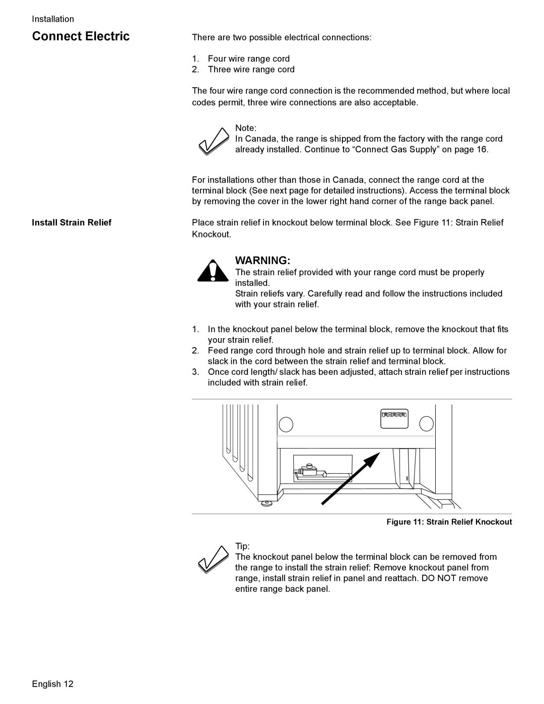 Bosch Appliances Dual-Fuel Slide-In Range installation instructions Connect Electric, Install Strain Relief 