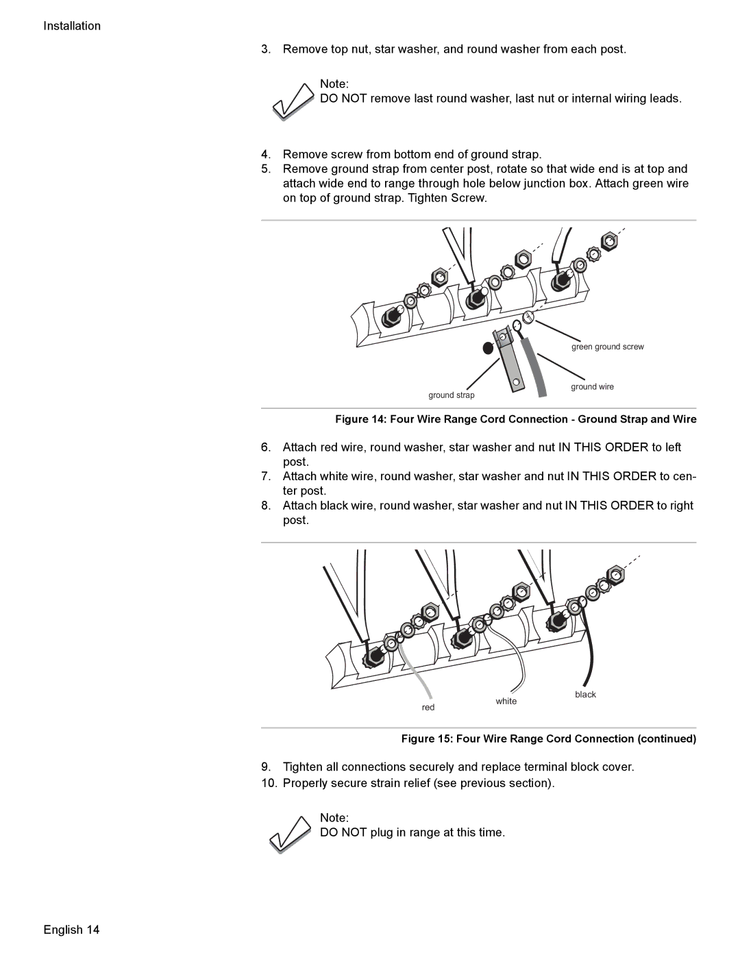 Bosch Appliances Dual-Fuel Slide-In Range installation instructions Four Wire Range Cord Connection Ground Strap and Wire 