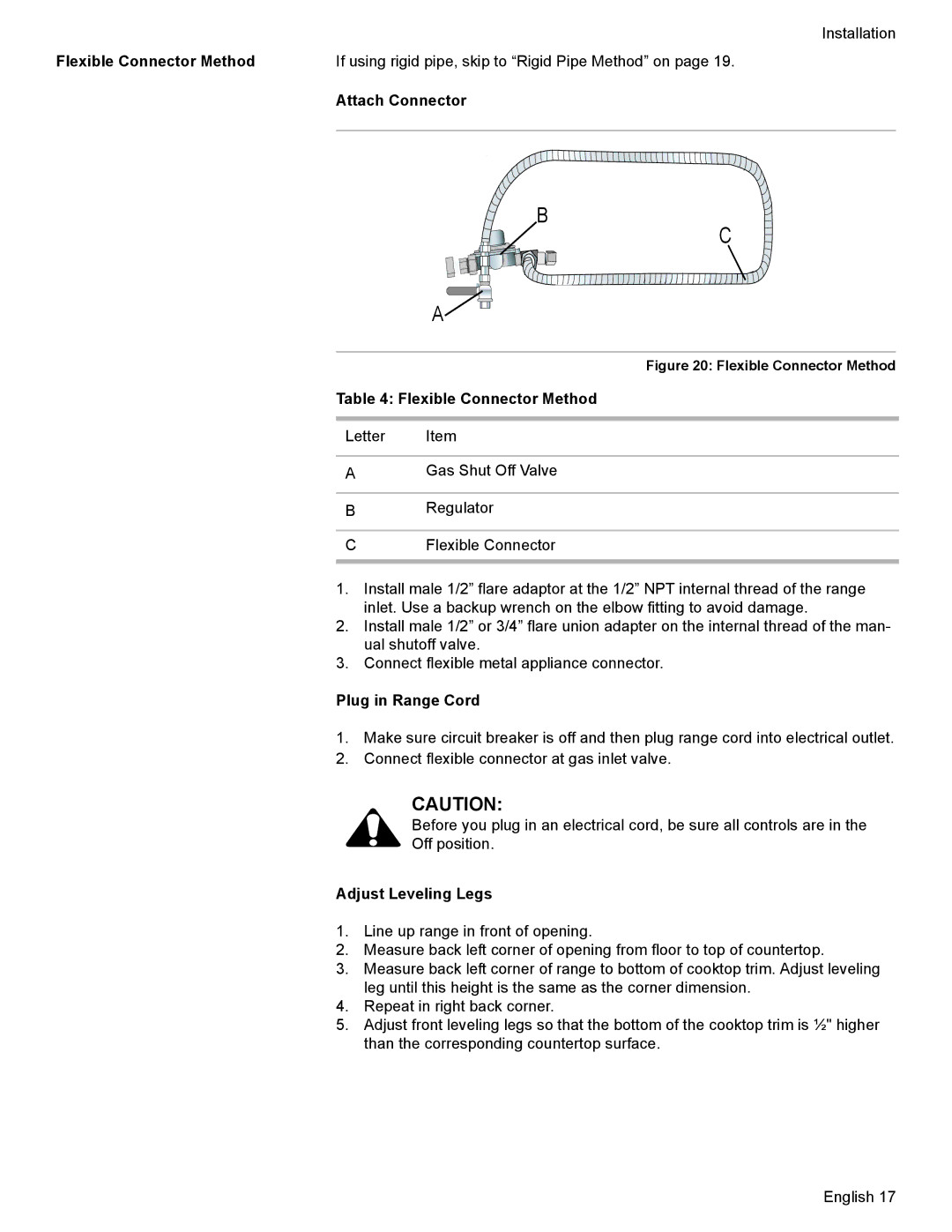 Bosch Appliances Dual-Fuel Slide-In Range Flexible Connector Method, Plug in Range Cord, Adjust Leveling Legs 