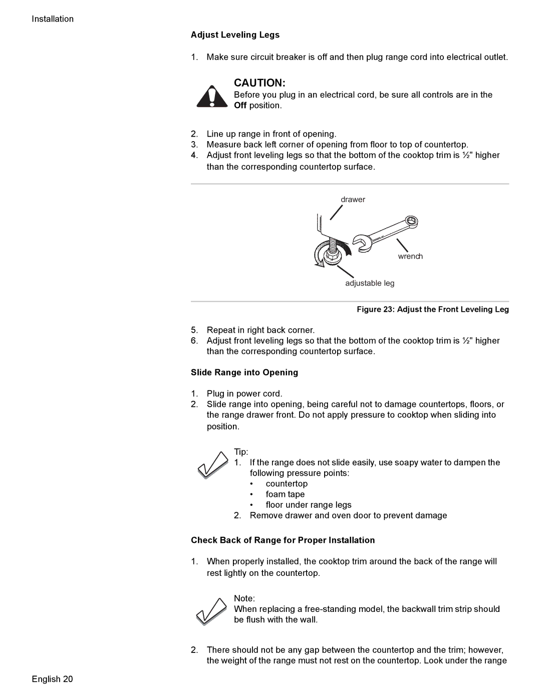 Bosch Appliances Dual-Fuel Slide-In Range installation instructions Adjust Leveling Legs 
