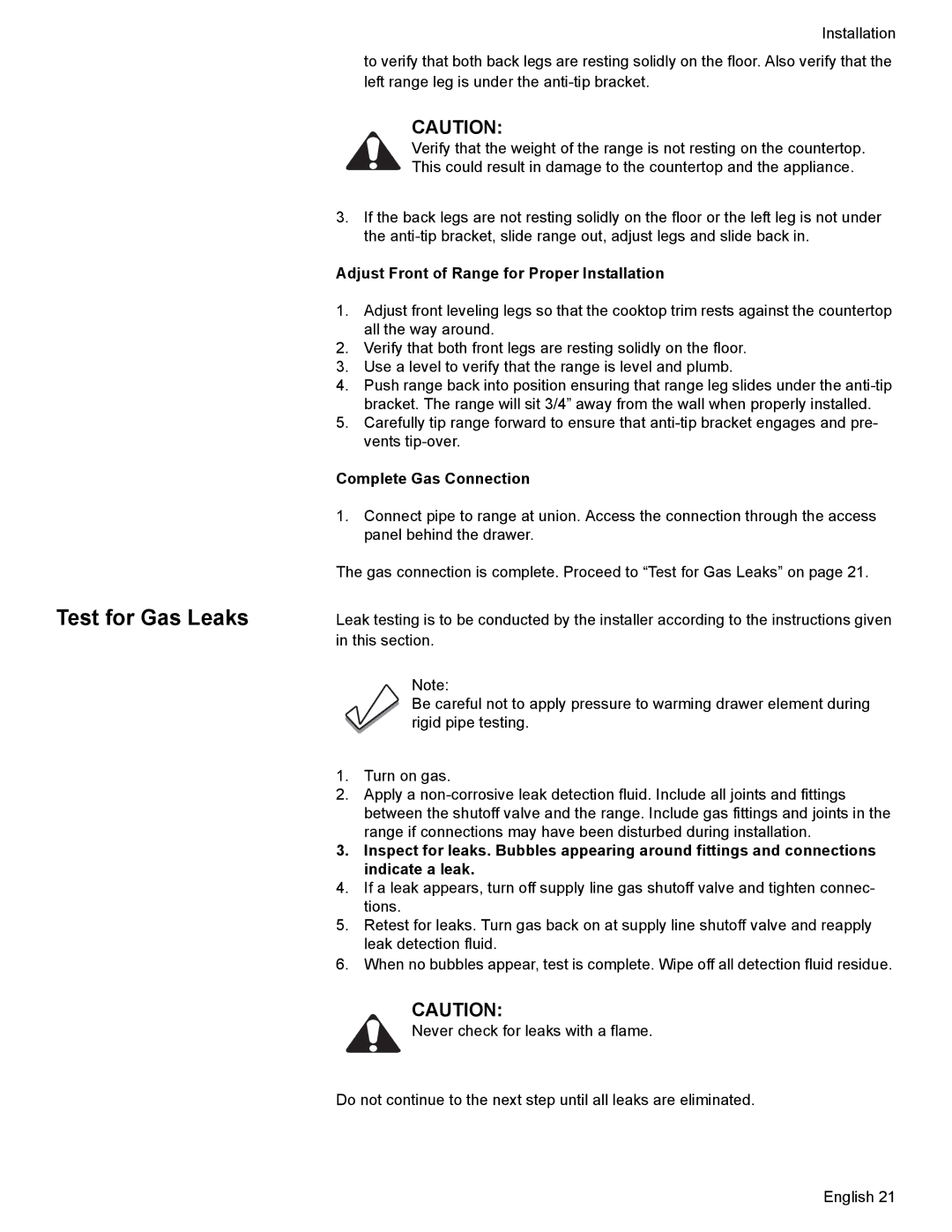 Bosch Appliances Dual-Fuel Slide-In Range installation instructions Test for Gas Leaks, Complete Gas Connection 