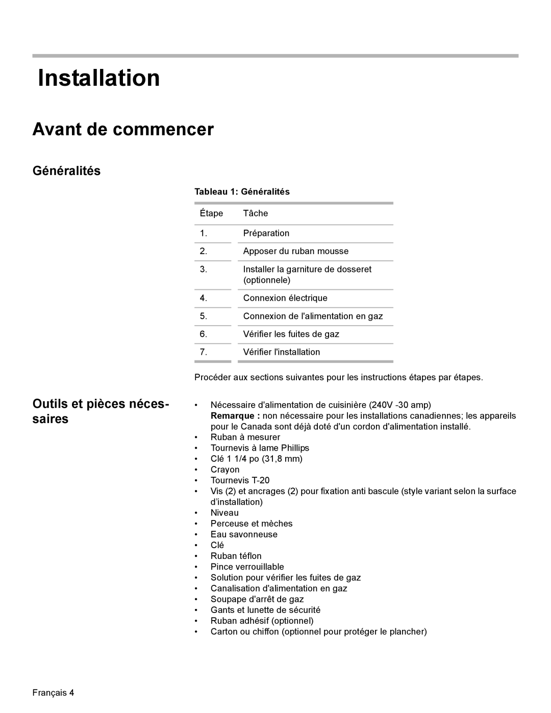 Bosch Appliances Dual-Fuel Slide-In Range Généralités Outils et pièces néces- saires, Tableau 1 Généralités 