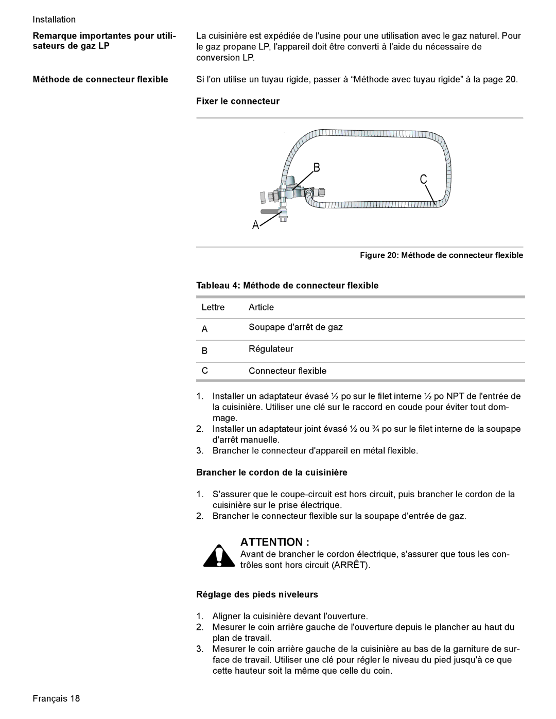 Bosch Appliances Dual-Fuel Slide-In Range Fixer le connecteur, Tableau 4 Méthode de connecteur flexible 