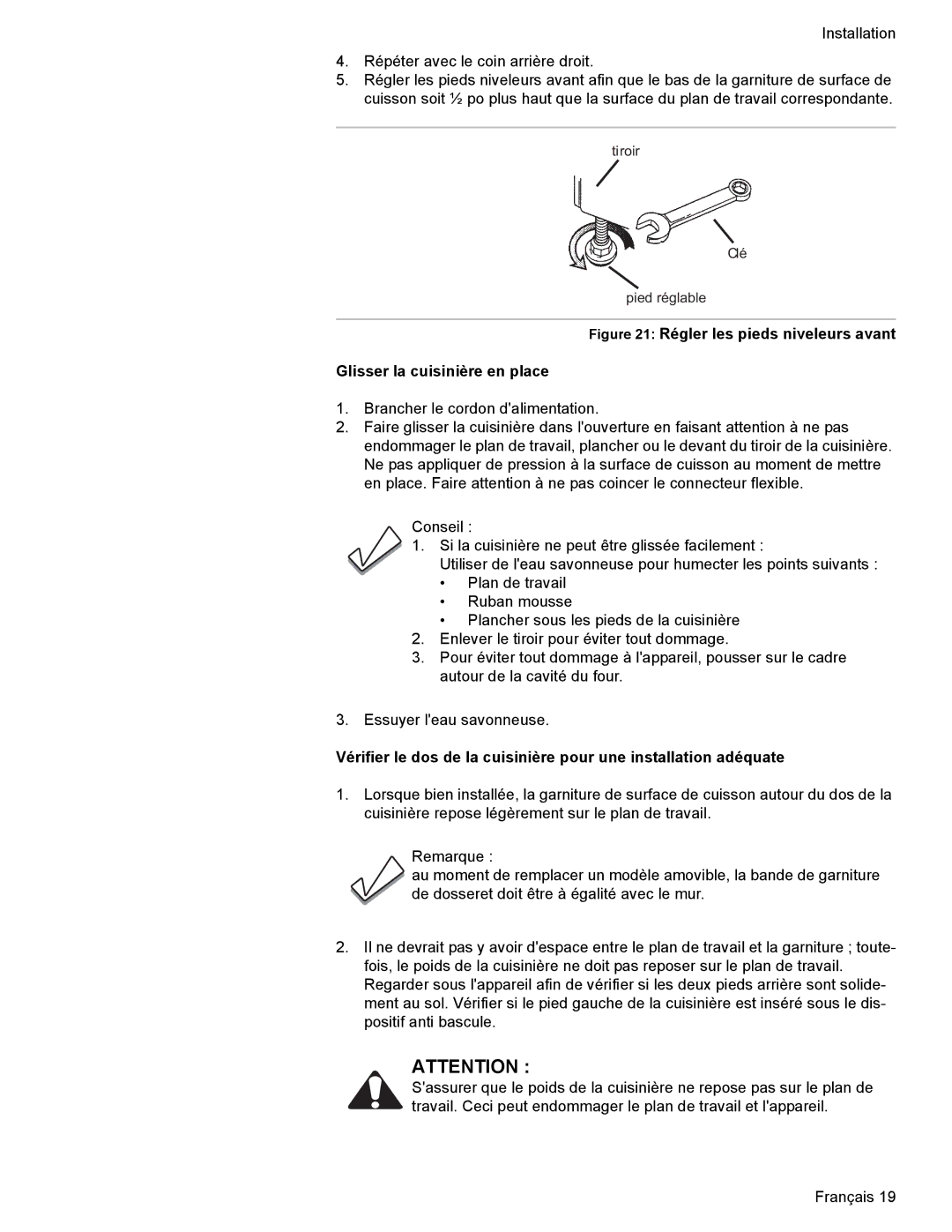 Bosch Appliances Dual-Fuel Slide-In Range installation instructions Tiroir Clé Pied réglable 