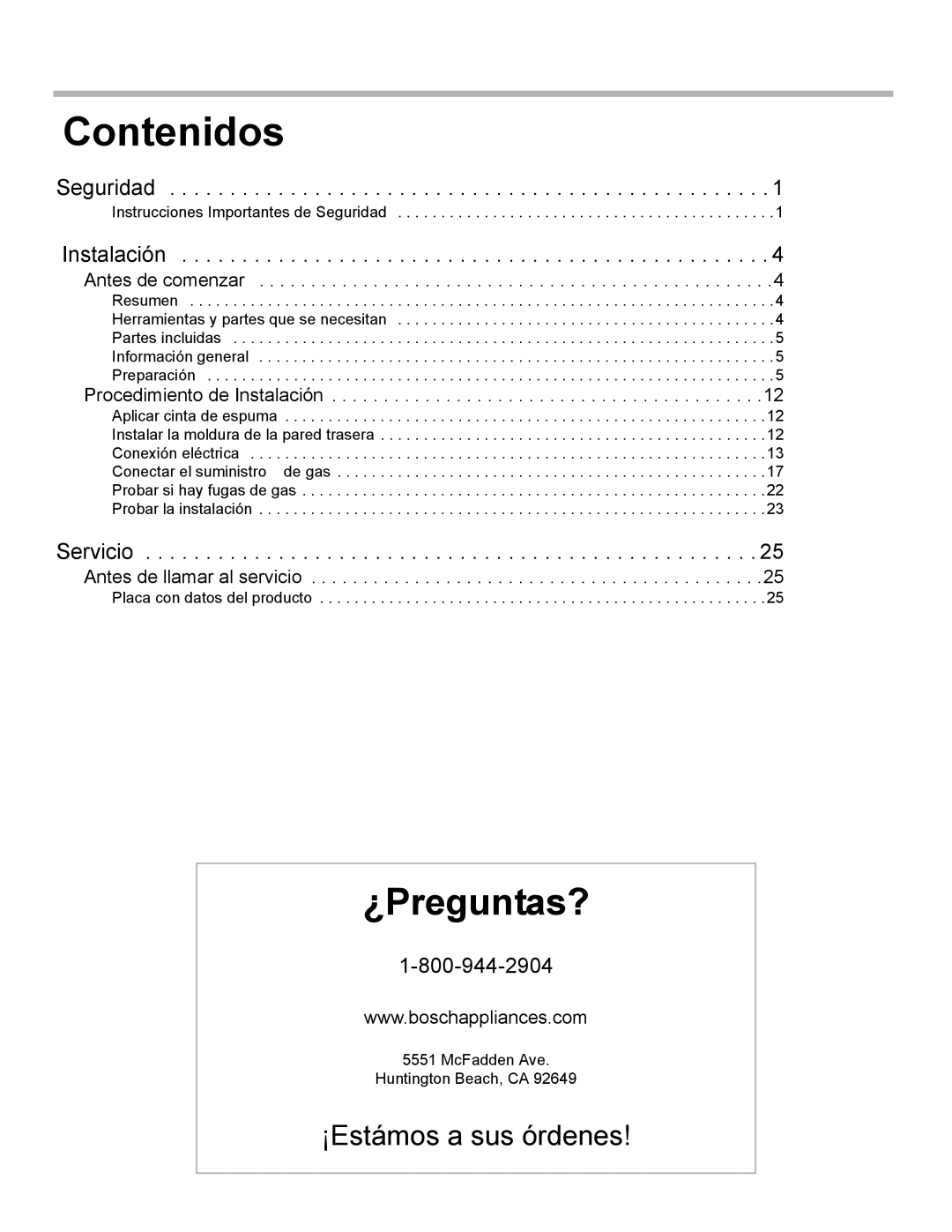 Bosch Appliances Dual-Fuel Slide-In Range installation instructions Contenidos, Instalación 