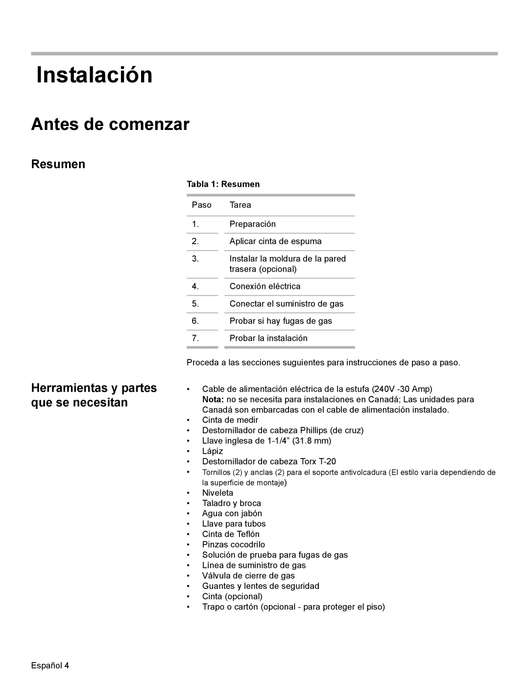 Bosch Appliances Dual-Fuel Slide-In Range installation instructions Instalación, Tabla 1 Resumen 