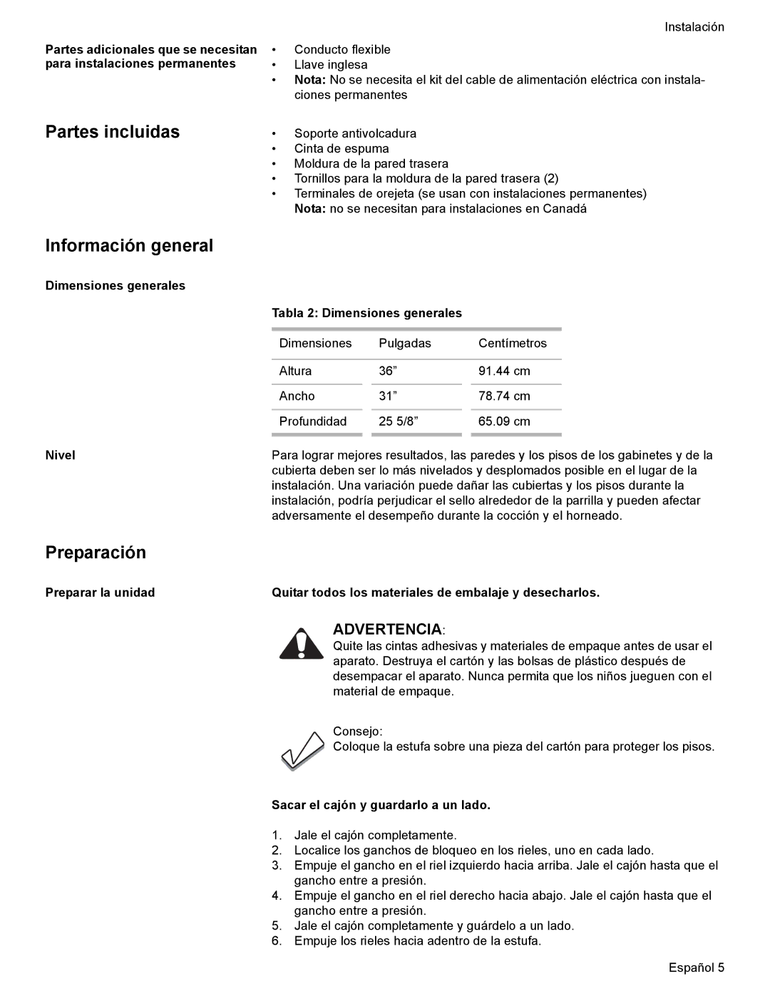 Bosch Appliances Dual-Fuel Slide-In Range installation instructions Partes incluidas, Información general, Preparación 