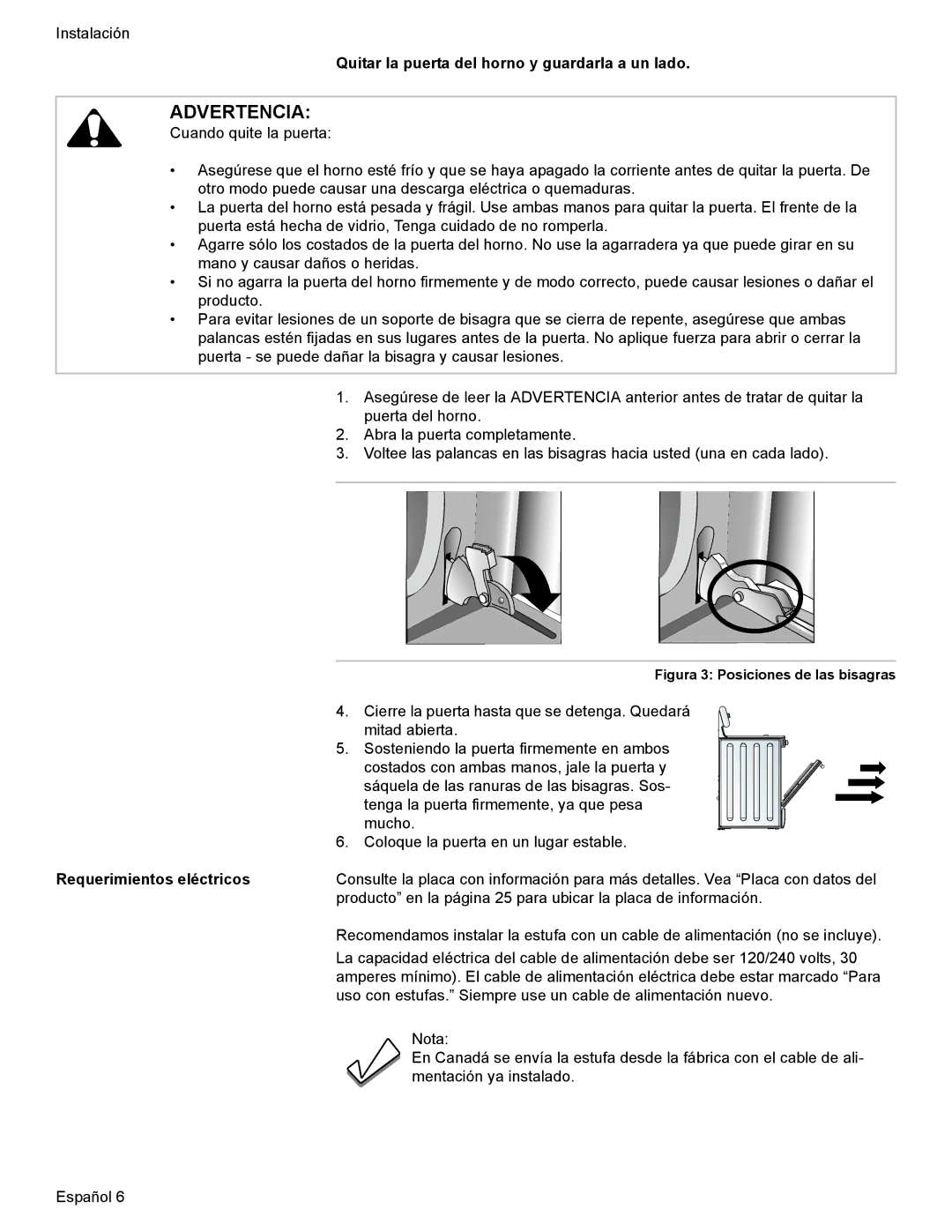 Bosch Appliances Dual-Fuel Slide-In Range Quitar la puerta del horno y guardarla a un lado, Requerimientos eléctricos 