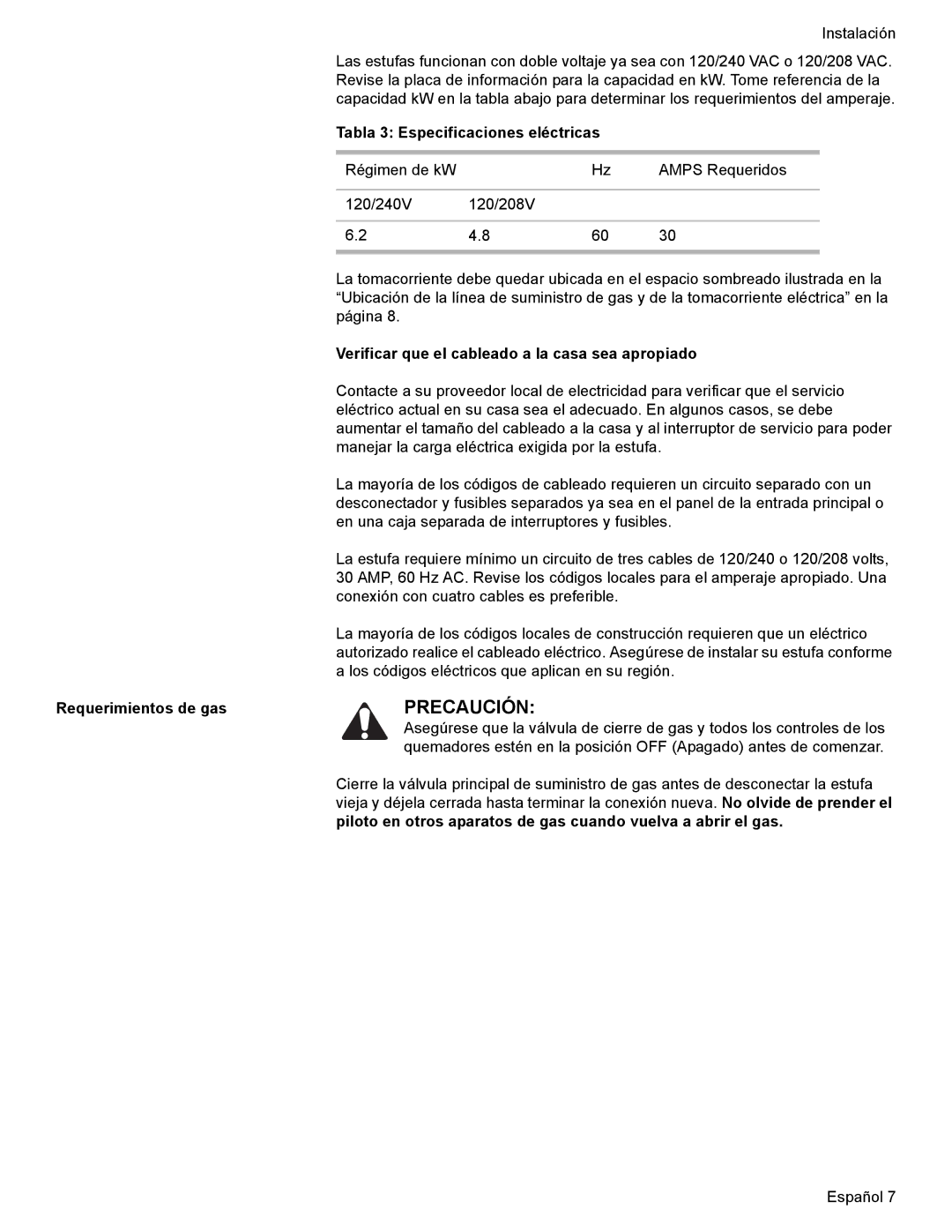 Bosch Appliances Dual-Fuel Slide-In Range Tabla 3 Especificaciones eléctricas, Requerimientos de gas 