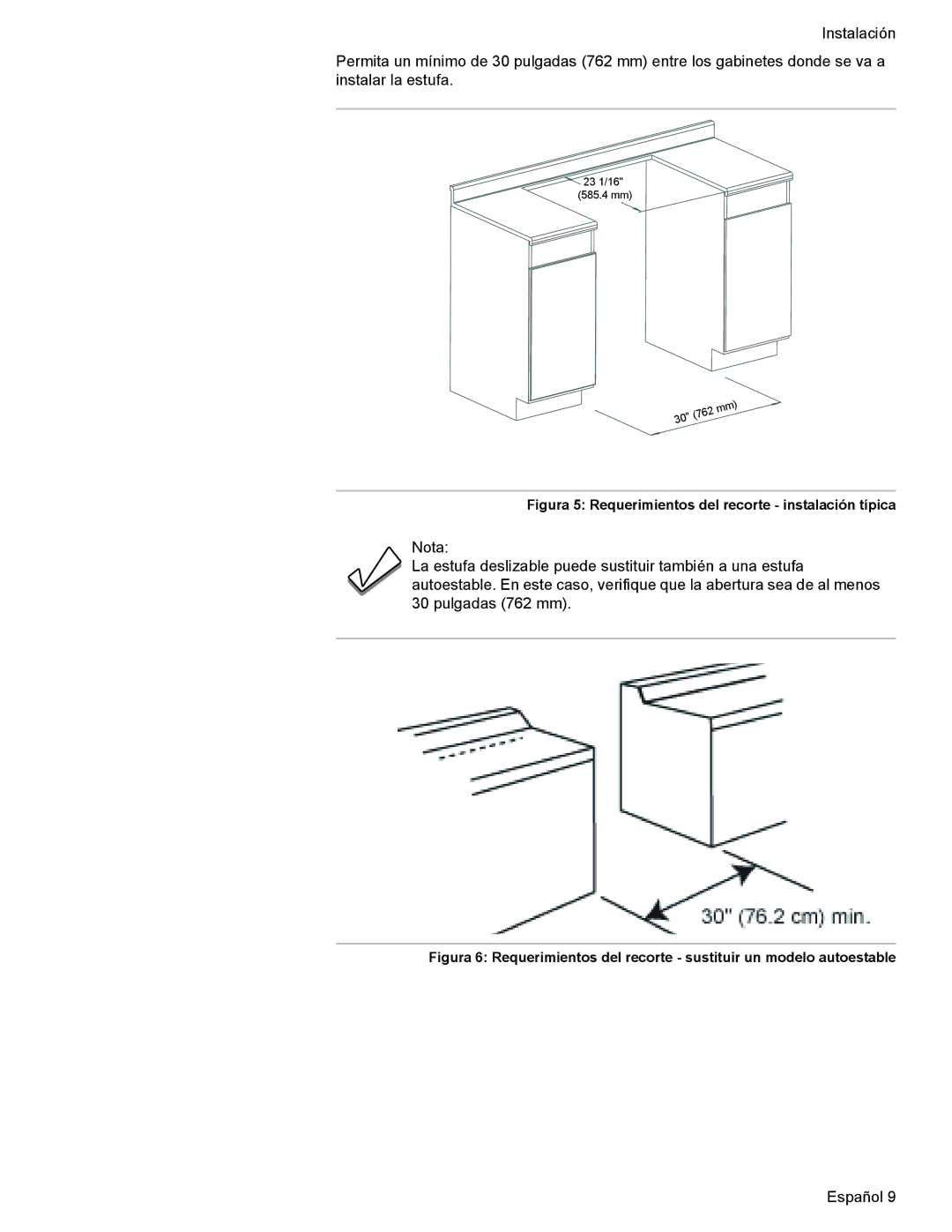 Bosch Appliances Dual-Fuel Slide-In Range installation instructions Figura 5 Requerimientos del recorte instalación típica 