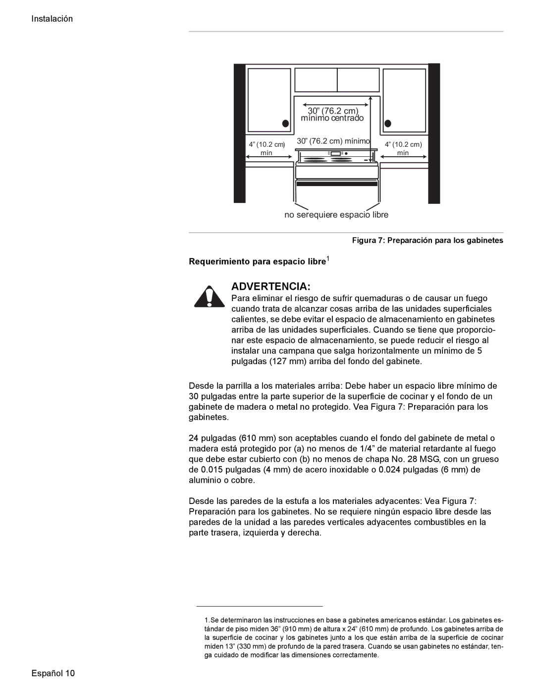 Bosch Appliances Dual-Fuel Slide-In Range Requerimiento para espacio libre1, Figura 7 Preparación para los gabinetes 