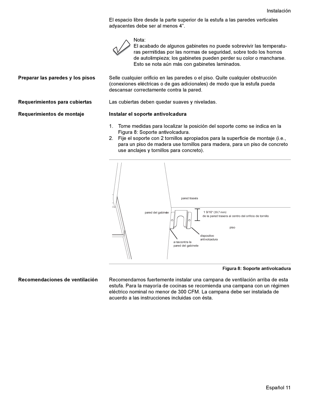 Bosch Appliances Dual-Fuel Slide-In Range Preparar las paredes y los pisos, Requerimientos para cubiertas 