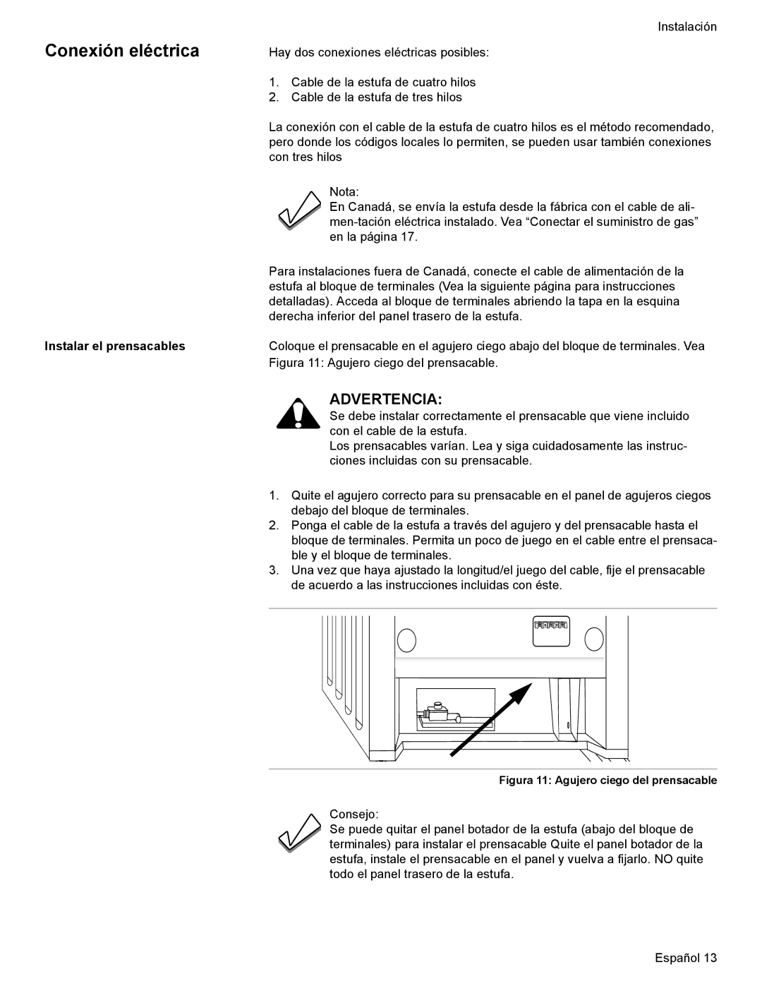 Bosch Appliances Dual-Fuel Slide-In Range installation instructions Conexión eléctrica, Instalar el prensacables 