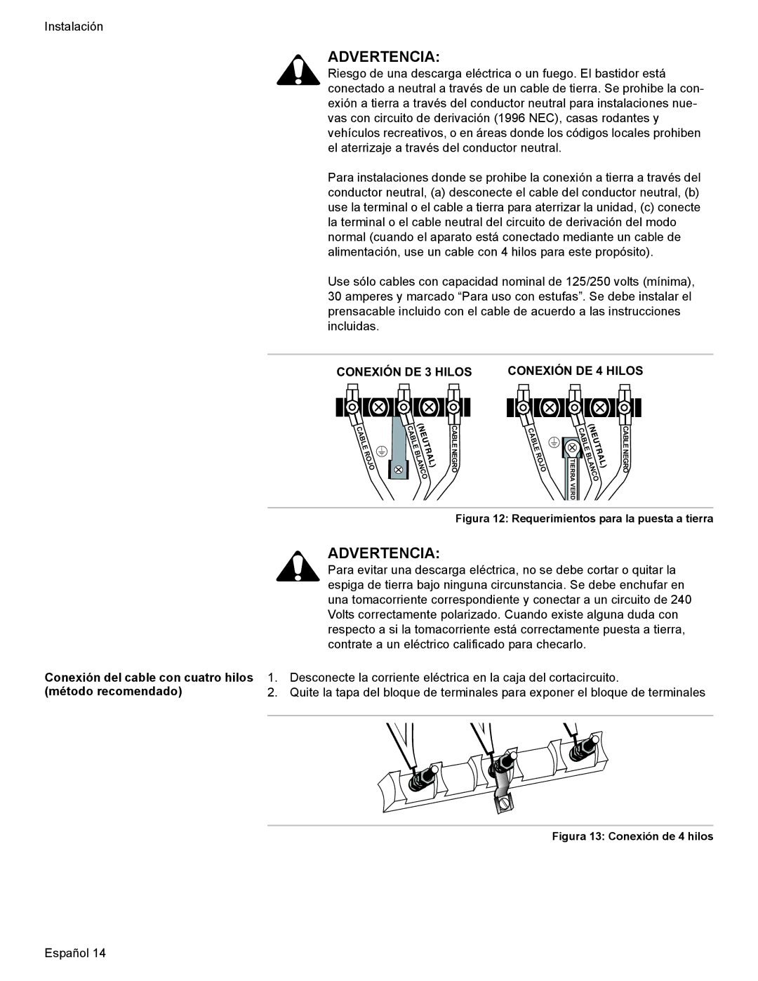 Bosch Appliances Dual-Fuel Slide-In Range installation instructions Conexión DE 3 Hilos Conexión DE 4 Hilos 