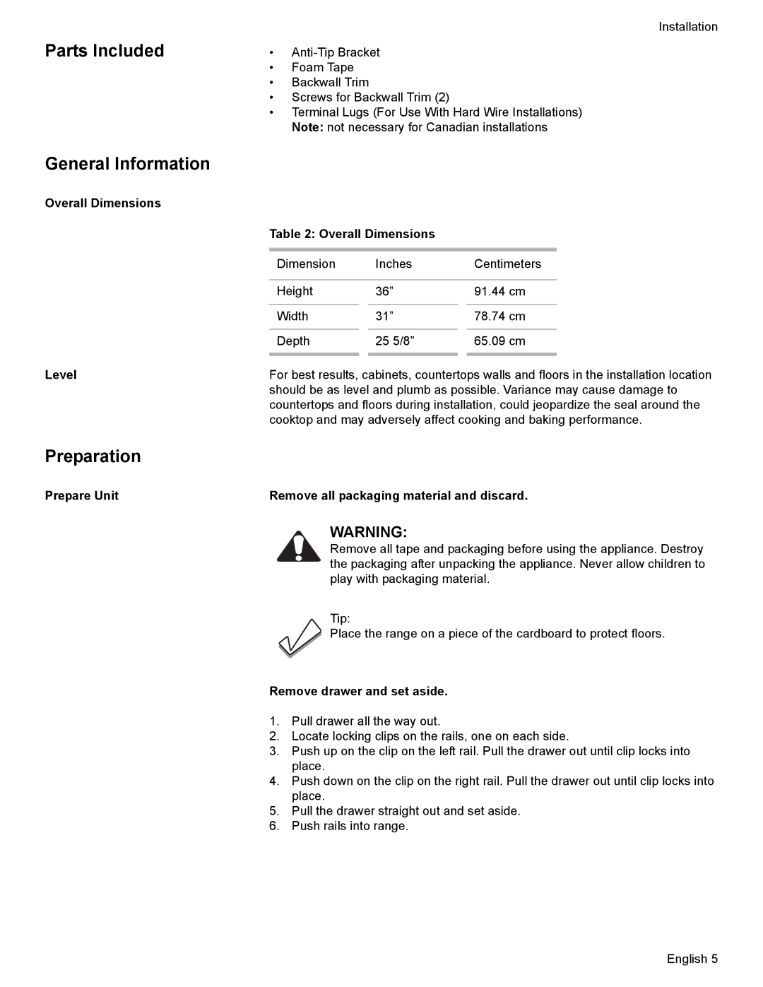 Bosch Appliances Dual-Fuel Slide-In Range installation instructions Parts Included, General Information, Preparation 