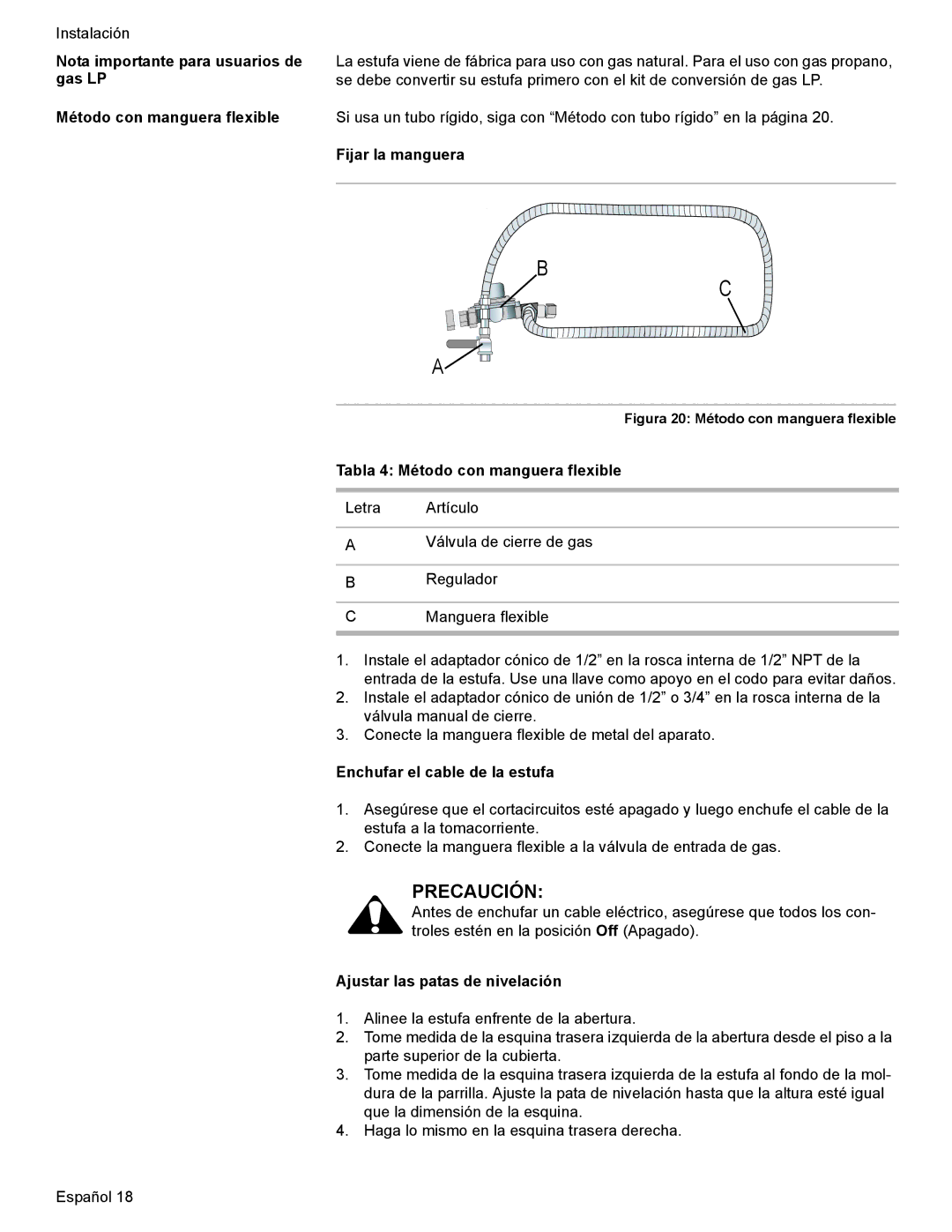 Bosch Appliances Dual-Fuel Slide-In Range installation instructions Fijar la manguera, Tabla 4 Método con manguera flexible 