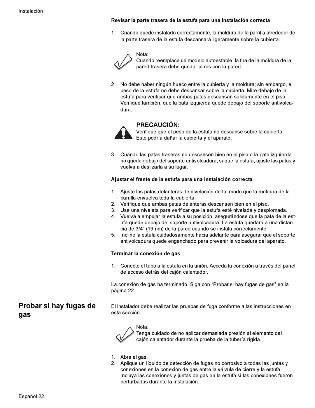 Bosch Appliances Dual-Fuel Slide-In Range installation instructions Probar si hay fugas de gas, Terminar la conexión de gas 