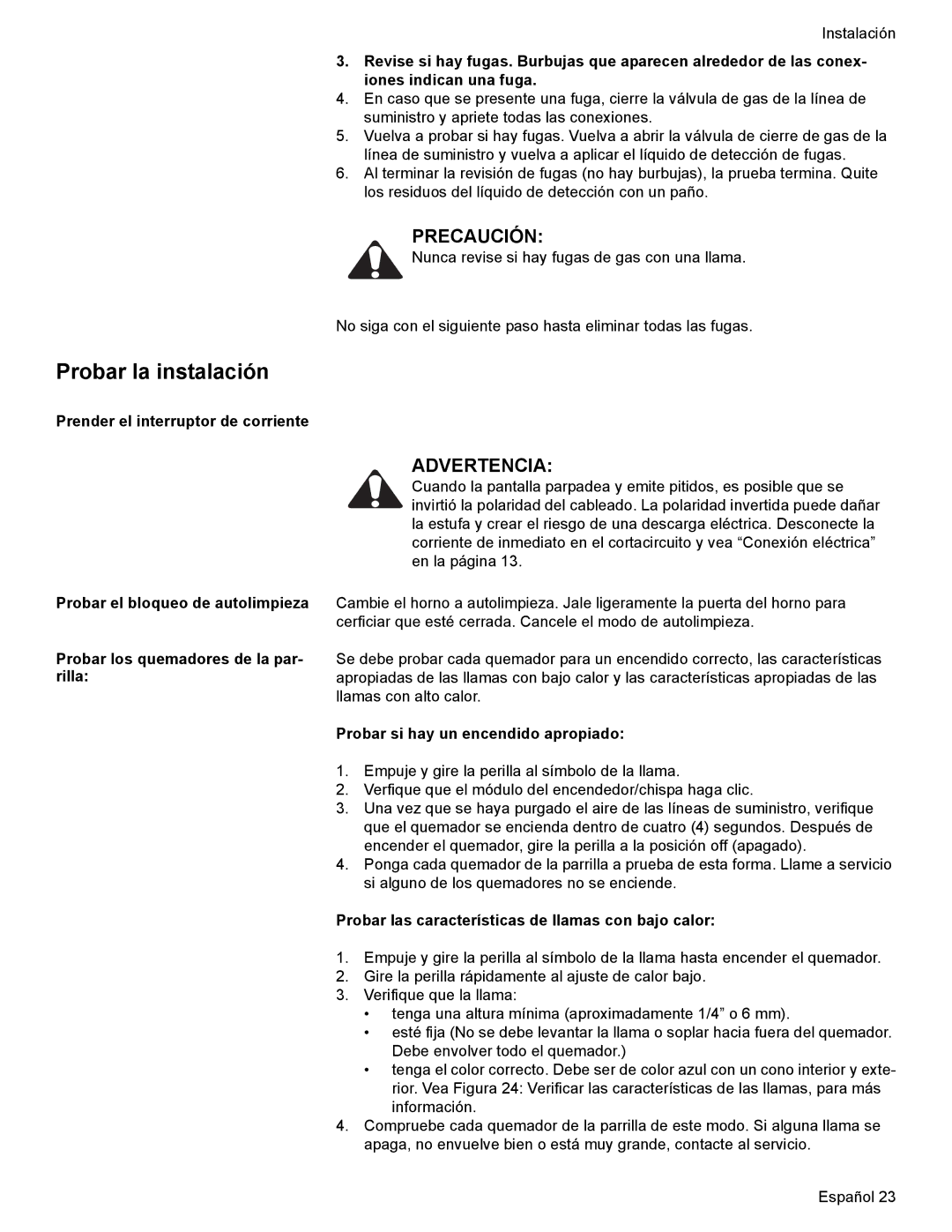 Bosch Appliances Dual-Fuel Slide-In Range Probar la instalación, Probar si hay un encendido apropiado 