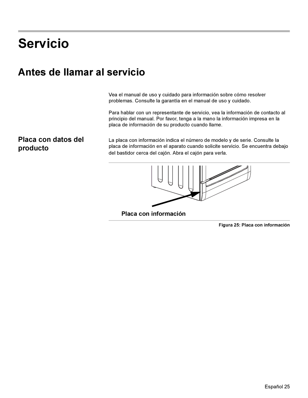 Bosch Appliances Dual-Fuel Slide-In Range installation instructions Servicio, Placa con datos del producto 