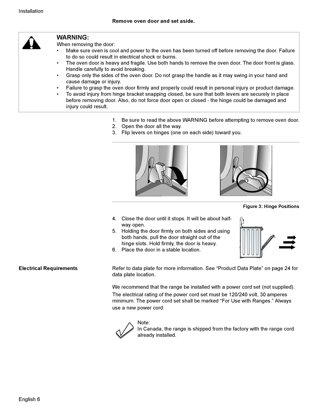 Bosch Appliances Dual-Fuel Slide-In Range installation instructions Remove oven door and set aside, Electrical Requirements 